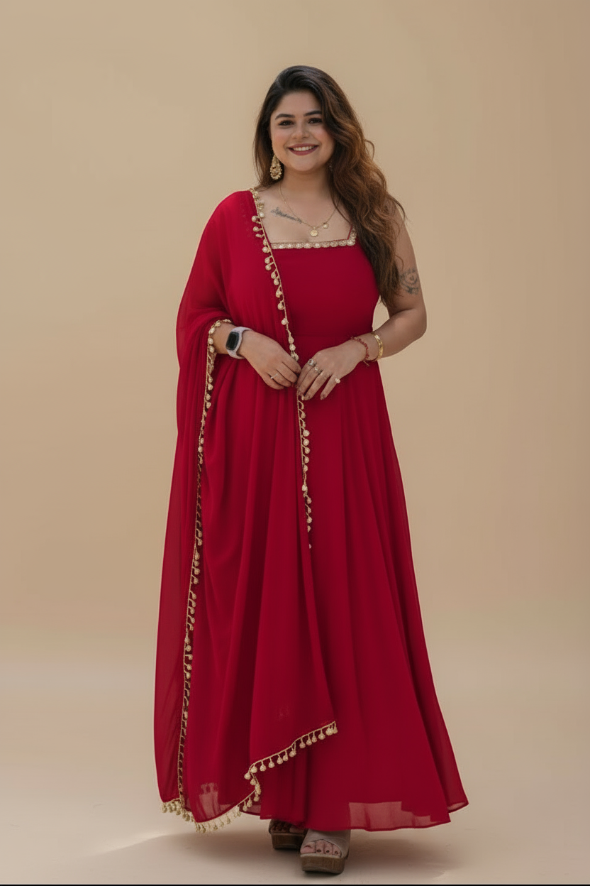 Indo Western Red Anarkali Dress – Elegant Solid Design for Effortless Style
