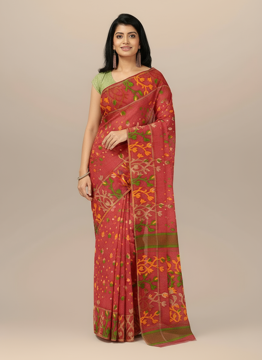 Floral Weave Dhakai Jamdani Saree – Handcrafted Cotton Elegance