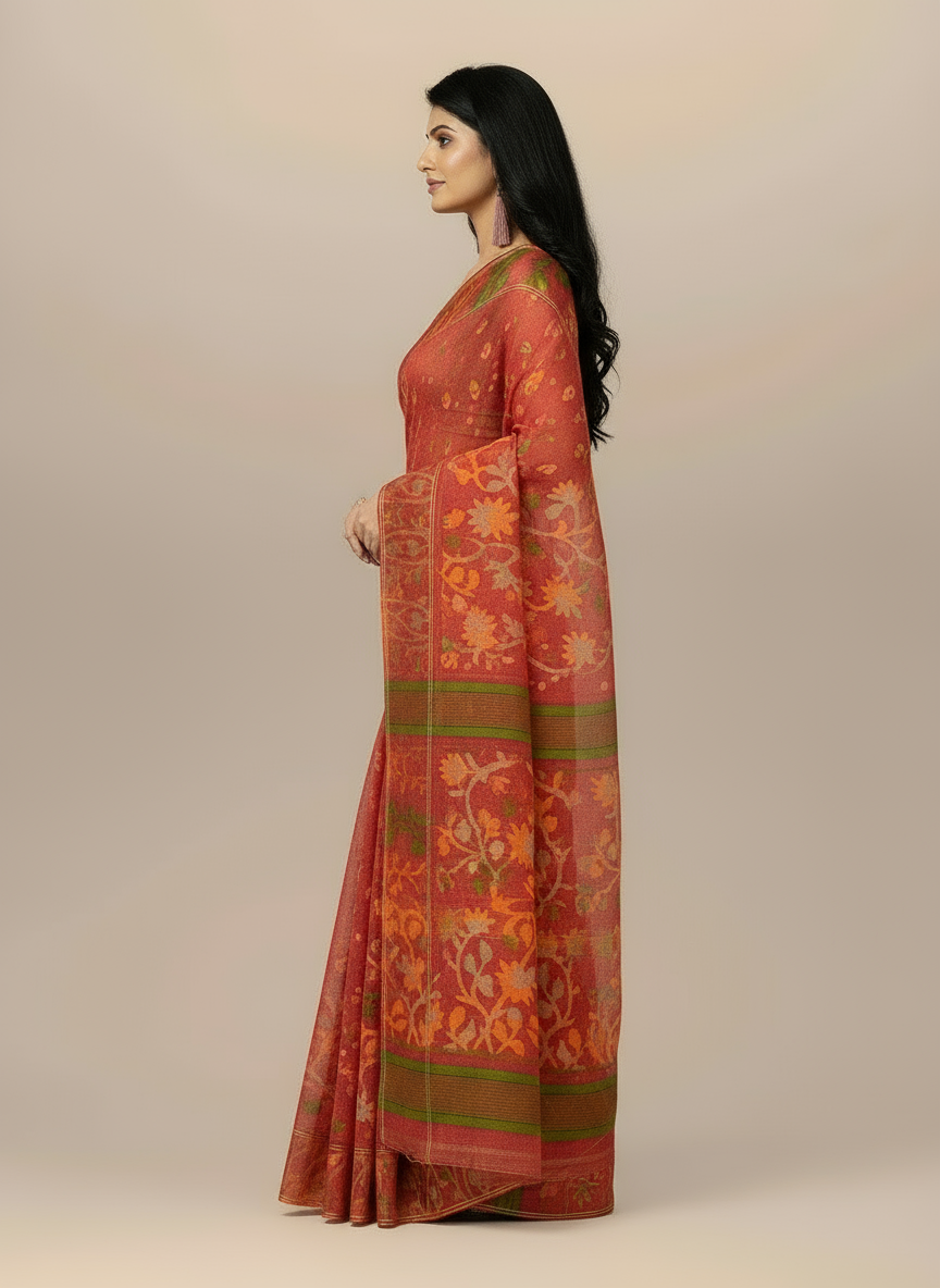 Floral Weave Dhakai Jamdani Saree – Handcrafted Cotton Elegance