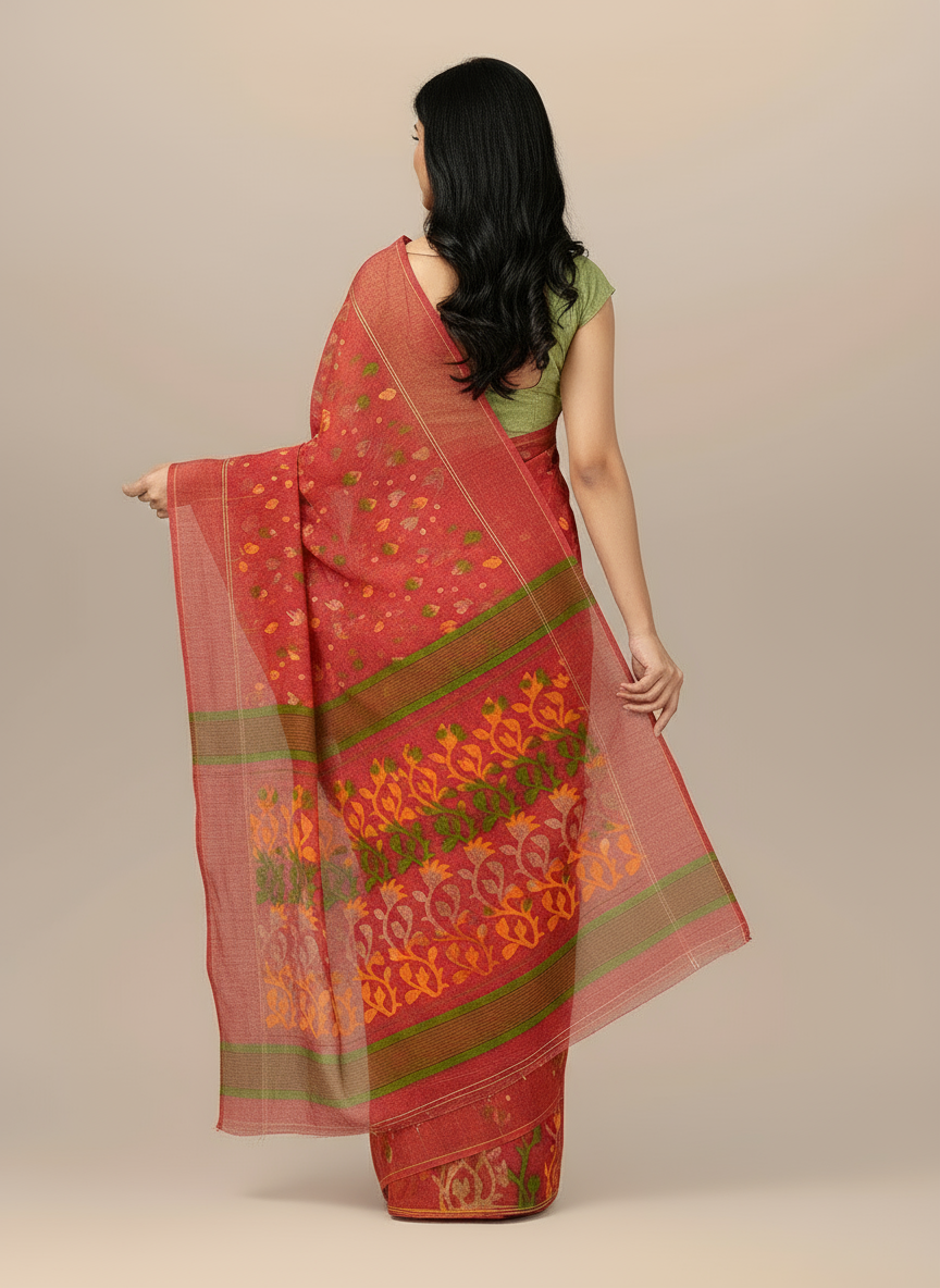 Floral Weave Dhakai Jamdani Saree – Handcrafted Cotton Elegance