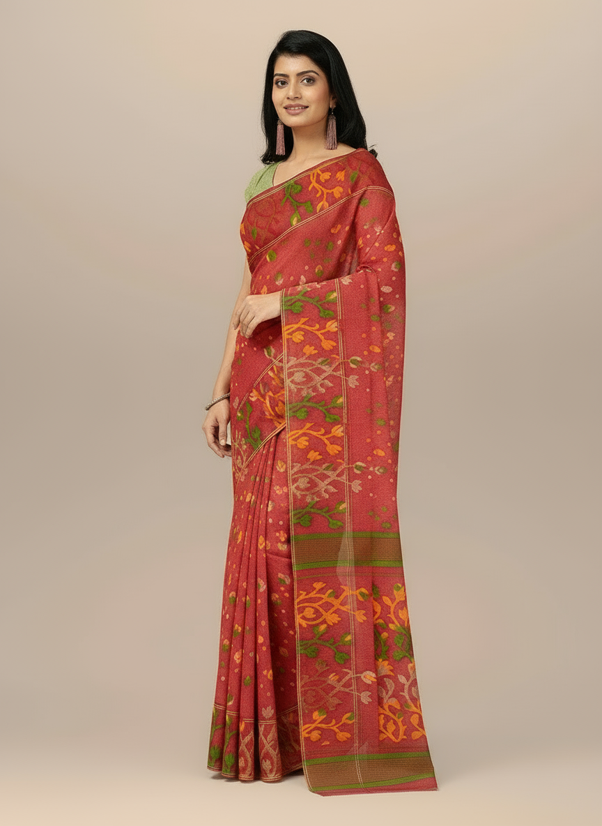 Floral Weave Dhakai Jamdani Saree – Handcrafted Cotton Elegance