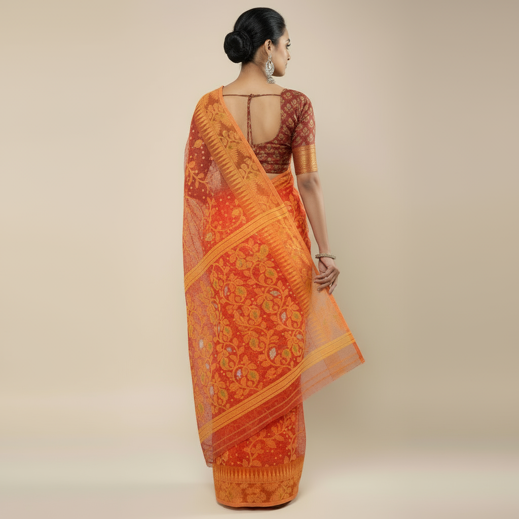 Handloom Cotton Temple Border Jamdani Saree – Ethnic Grace Redefined