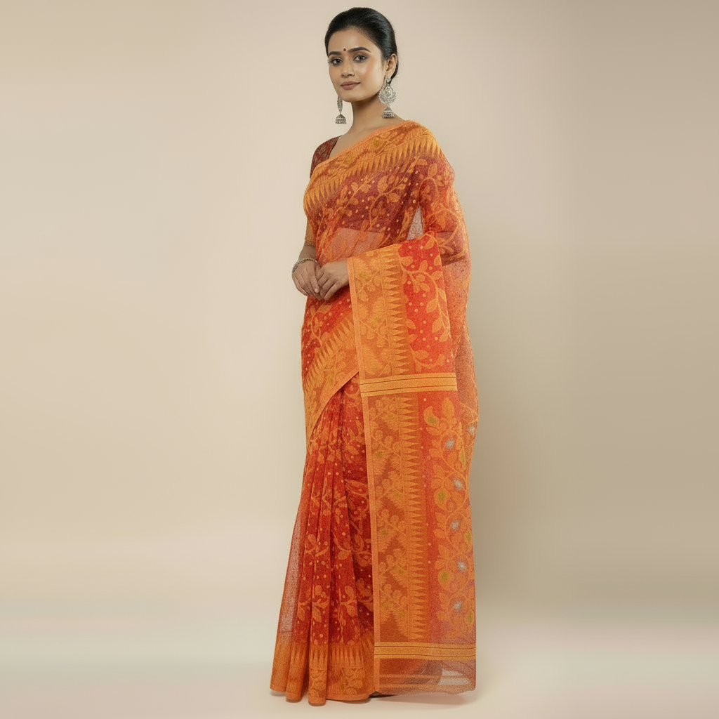 Handloom Cotton Temple Border Jamdani Saree – Ethnic Grace Redefined