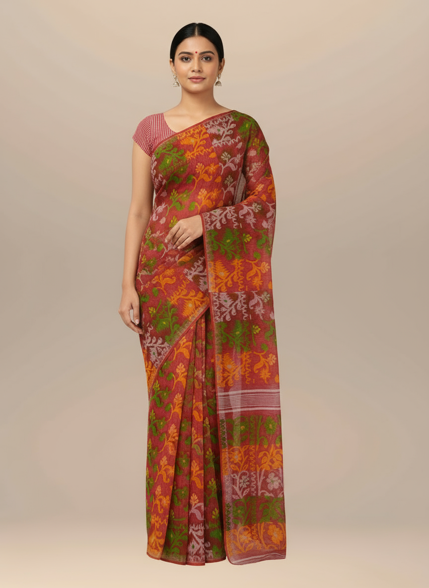 Floral Weave Pure Cotton Handloom Dhakai Jamdani Saree