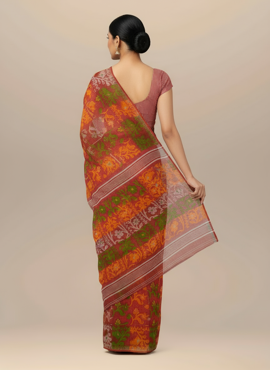 Floral Weave Pure Cotton Handloom Dhakai Jamdani Saree