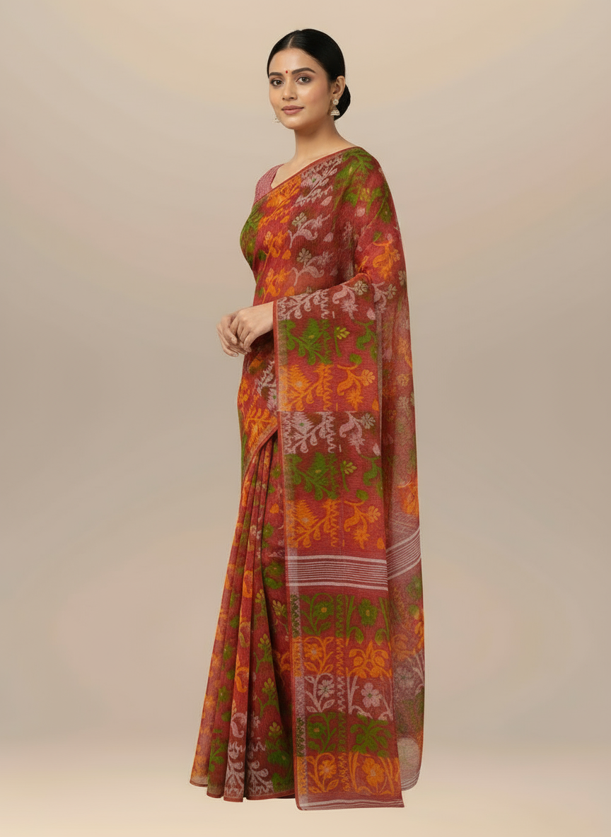 Floral Weave Pure Cotton Handloom Dhakai Jamdani Saree