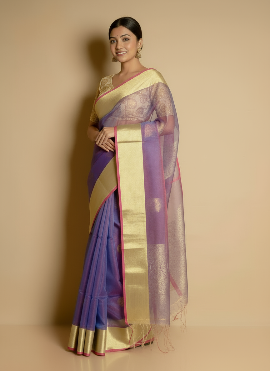 Elegant Dual-Tone Blue & Pink Resham Saree with Zari Border