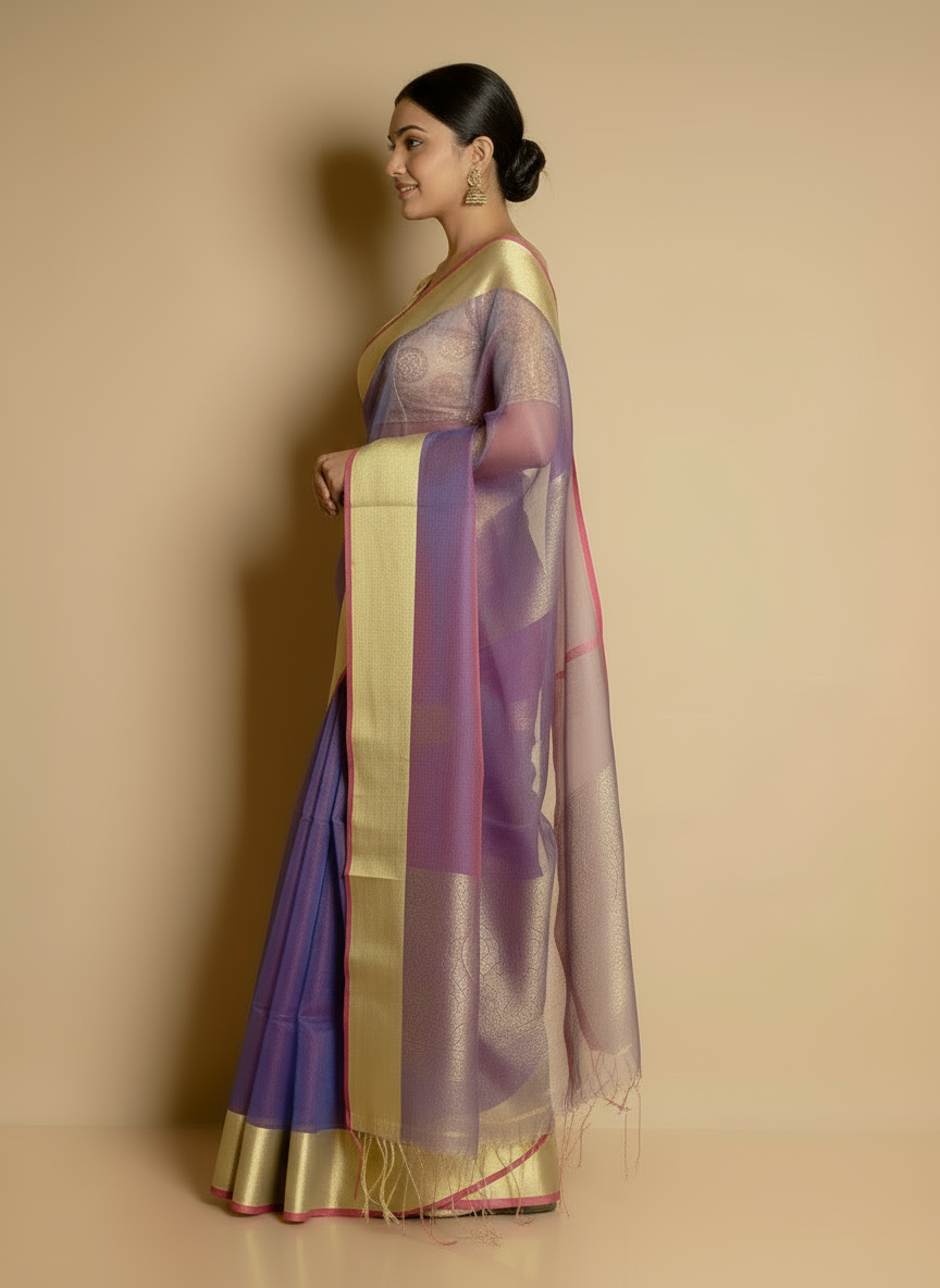 Elegant Dual-Tone Blue & Pink Resham Saree with Zari Border