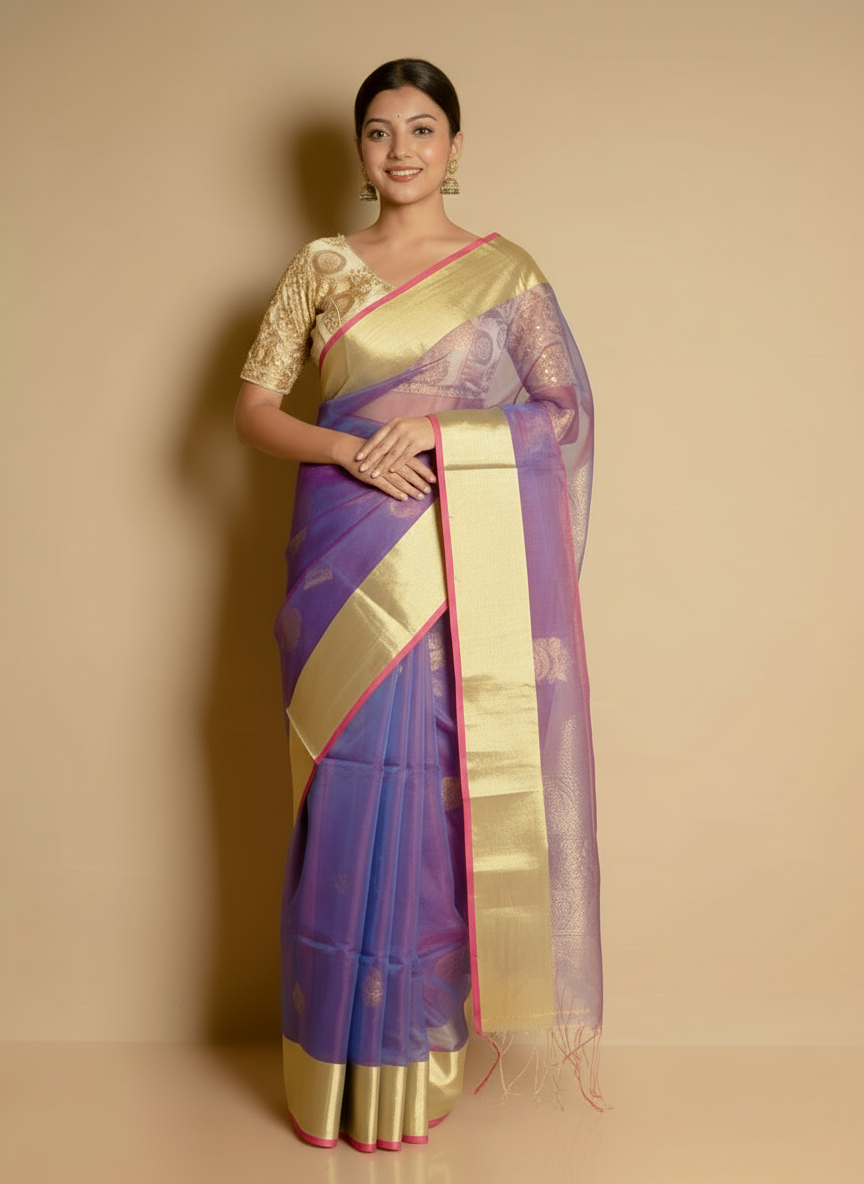 Elegant Dual-Tone Blue & Pink Resham Saree with Zari Border