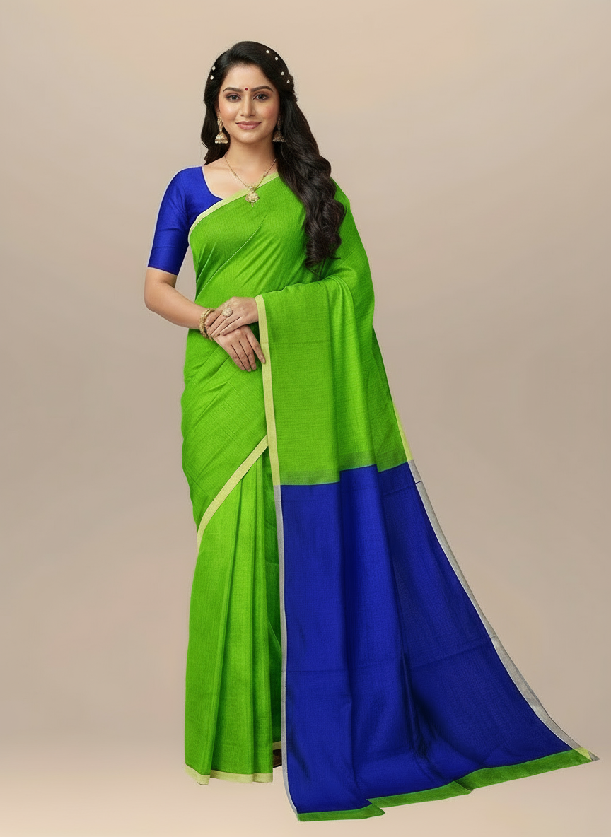 Pure Cotton Handloom Saree in Green – Solid Color Elegance for Everyday Wear