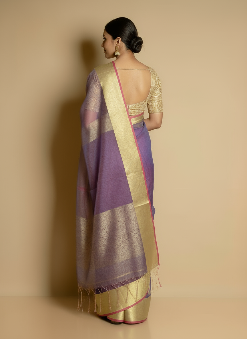 Elegant Dual-Tone Blue & Pink Resham Saree with Zari Border