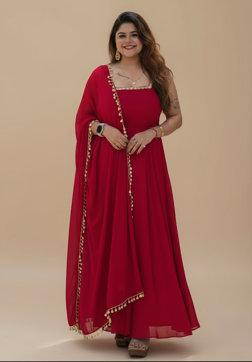 Indo Western Red Anarkali Dress – Elegant Solid Design for Effortless Style