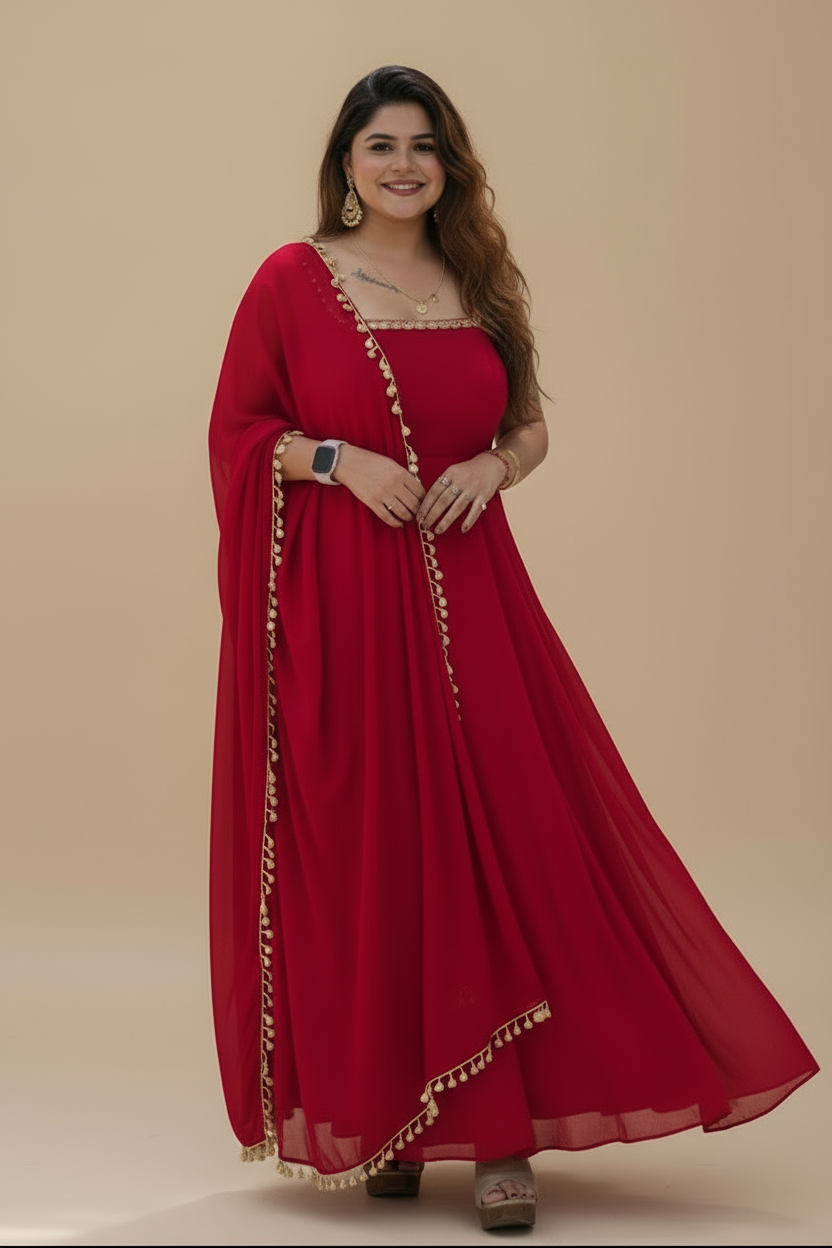 Indo Western Red Anarkali Dress – Elegant Solid Design for Effortless Style