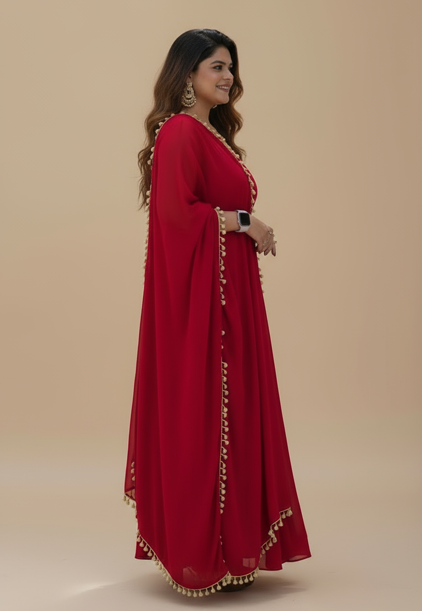 Indo Western Red Anarkali Dress – Elegant Solid Design for Effortless Style