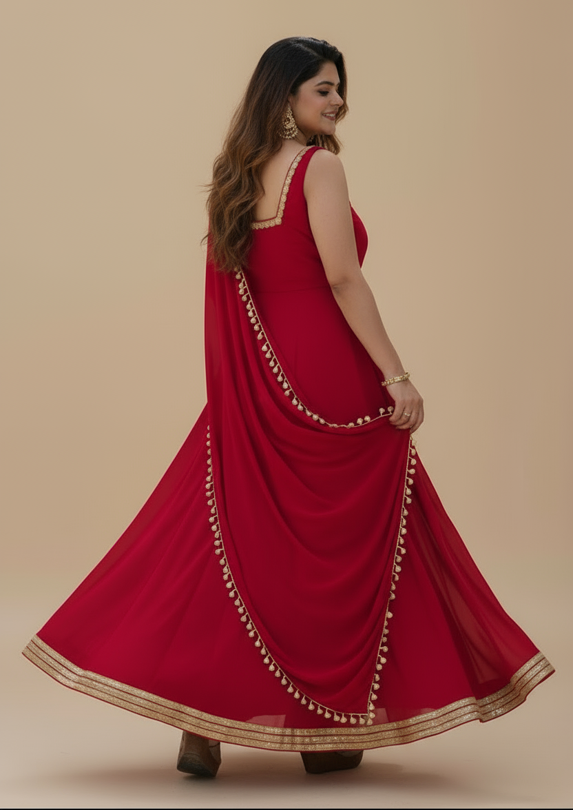 Indo Western Red Anarkali Dress – Elegant Solid Design for Effortless Style