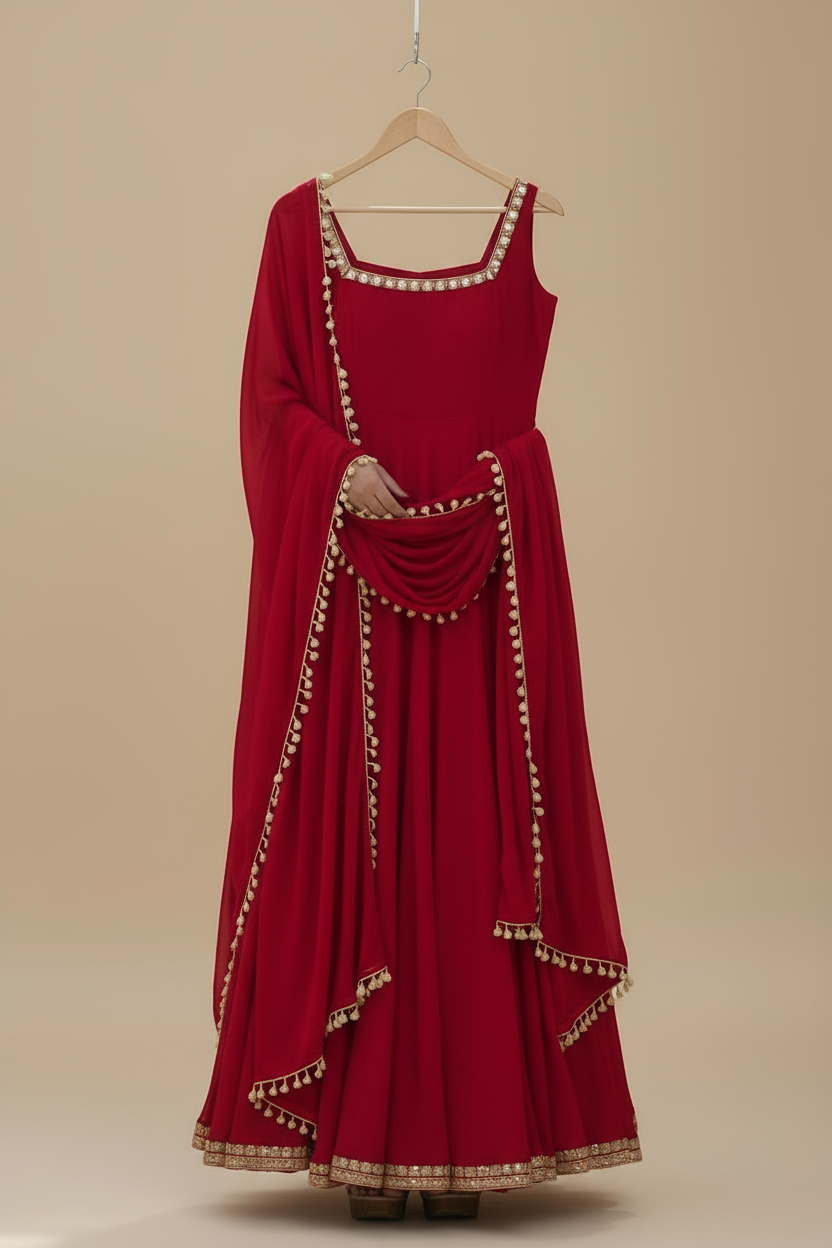 Indo Western Red Anarkali Dress – Elegant Solid Design for Effortless Style
