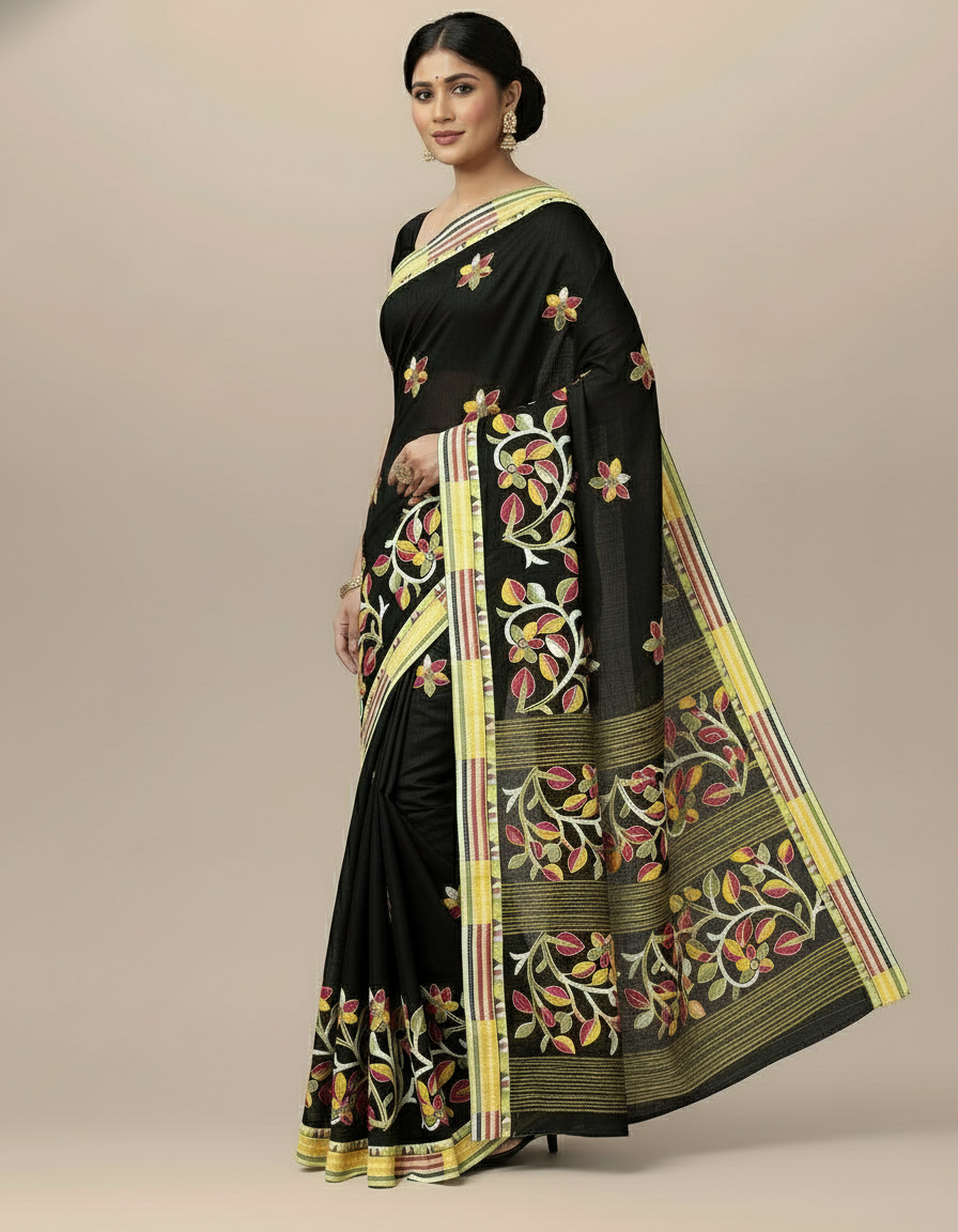 Elegant Black Handloom Cotton Saree for Timeless Grace