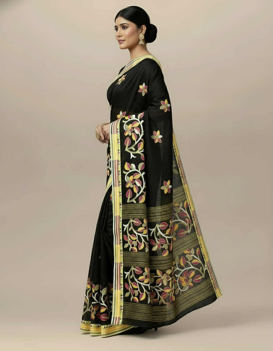 Elegant Black Handloom Cotton Saree for Timeless Grace