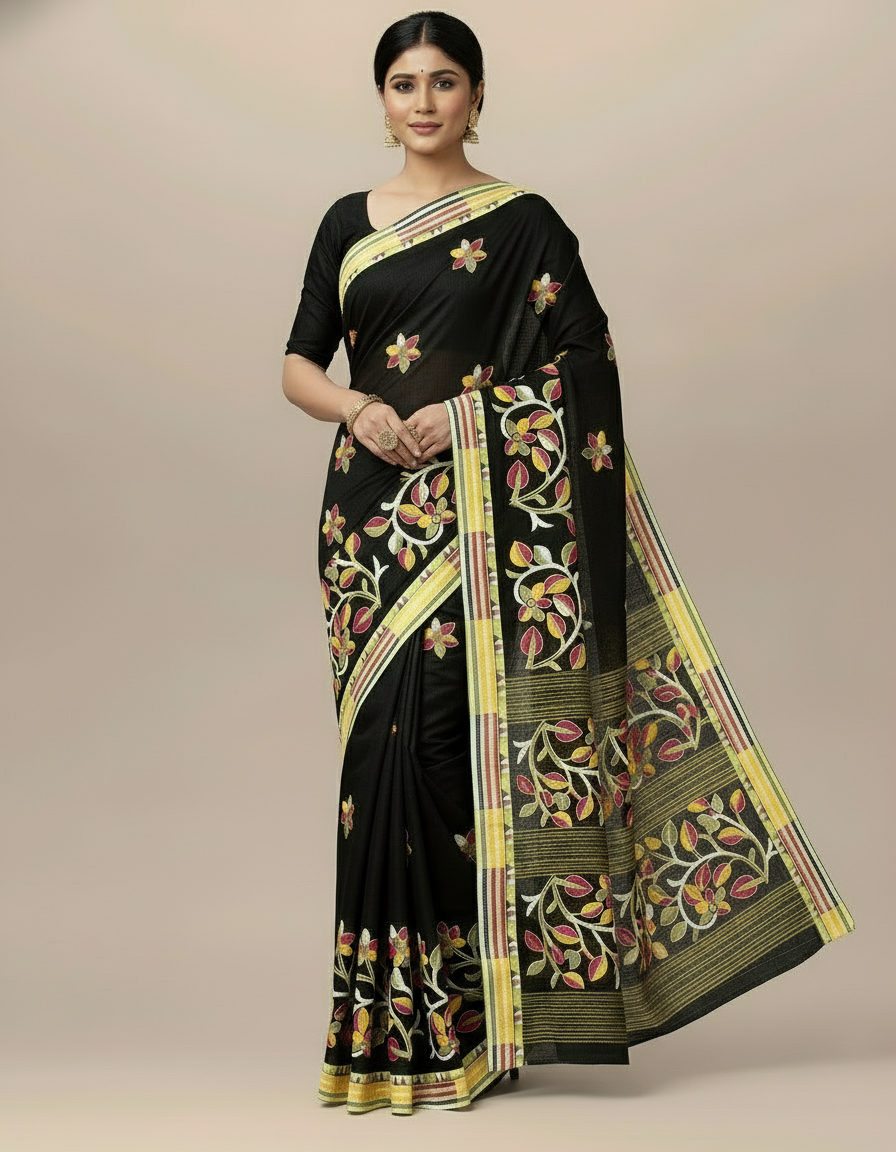 Elegant Black Handloom Cotton Saree for Timeless Grace