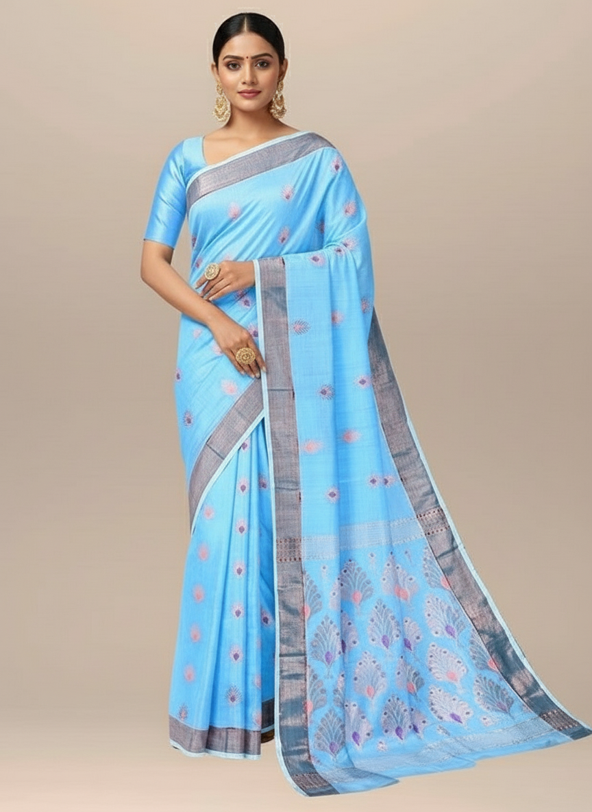 Sky Blue All Over Floral Cotton Handloom Saree