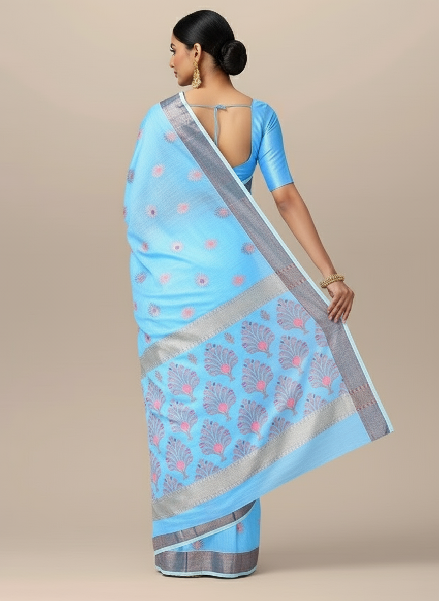 Sky Blue All Over Floral Cotton Handloom Saree