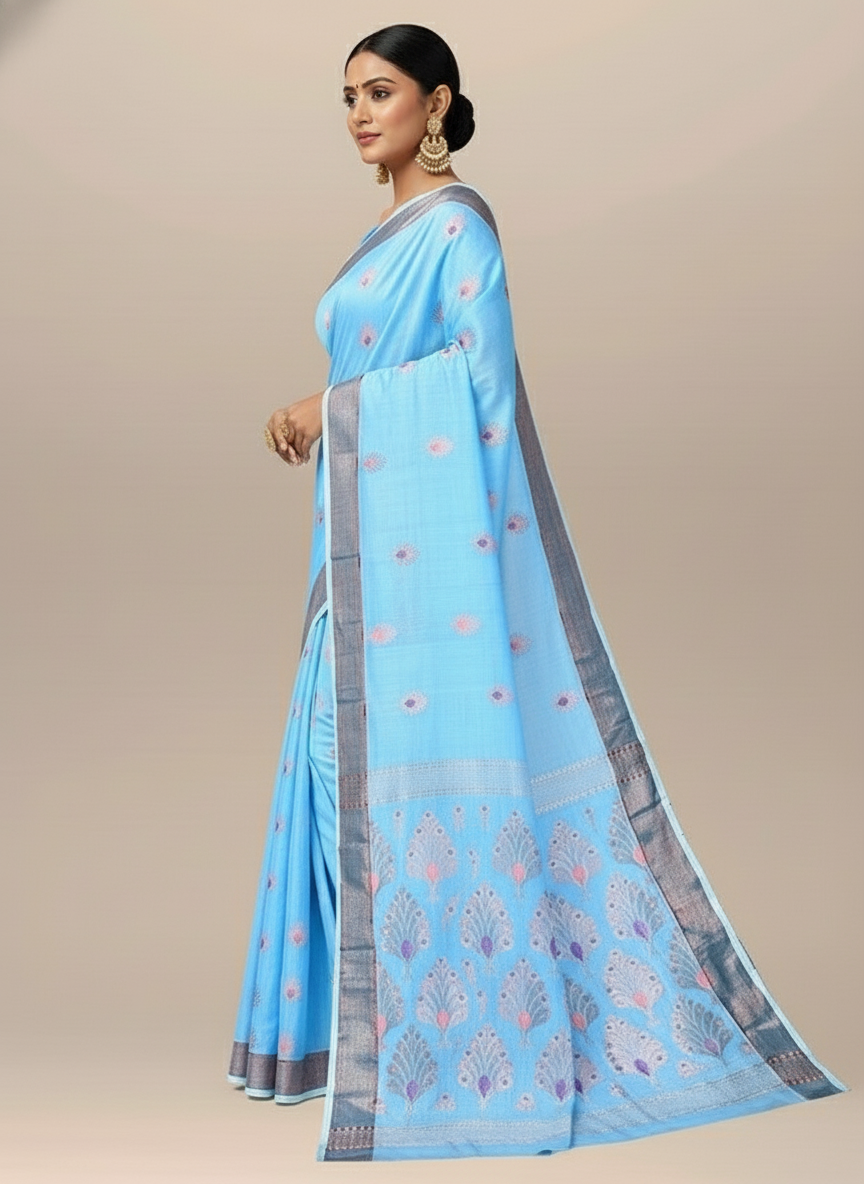 Sky Blue All Over Floral Cotton Handloom Saree
