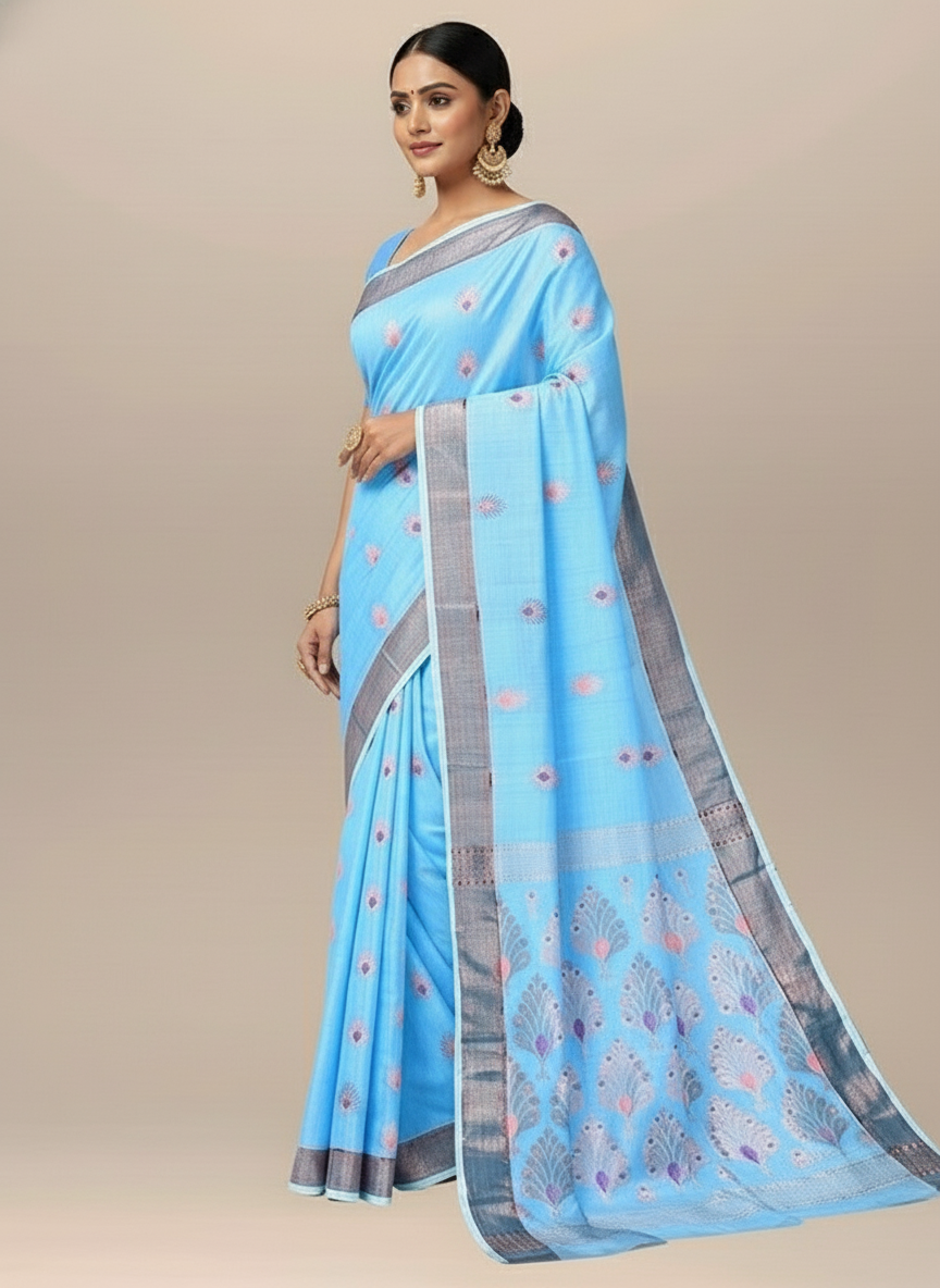 Sky Blue All Over Floral Cotton Handloom Saree