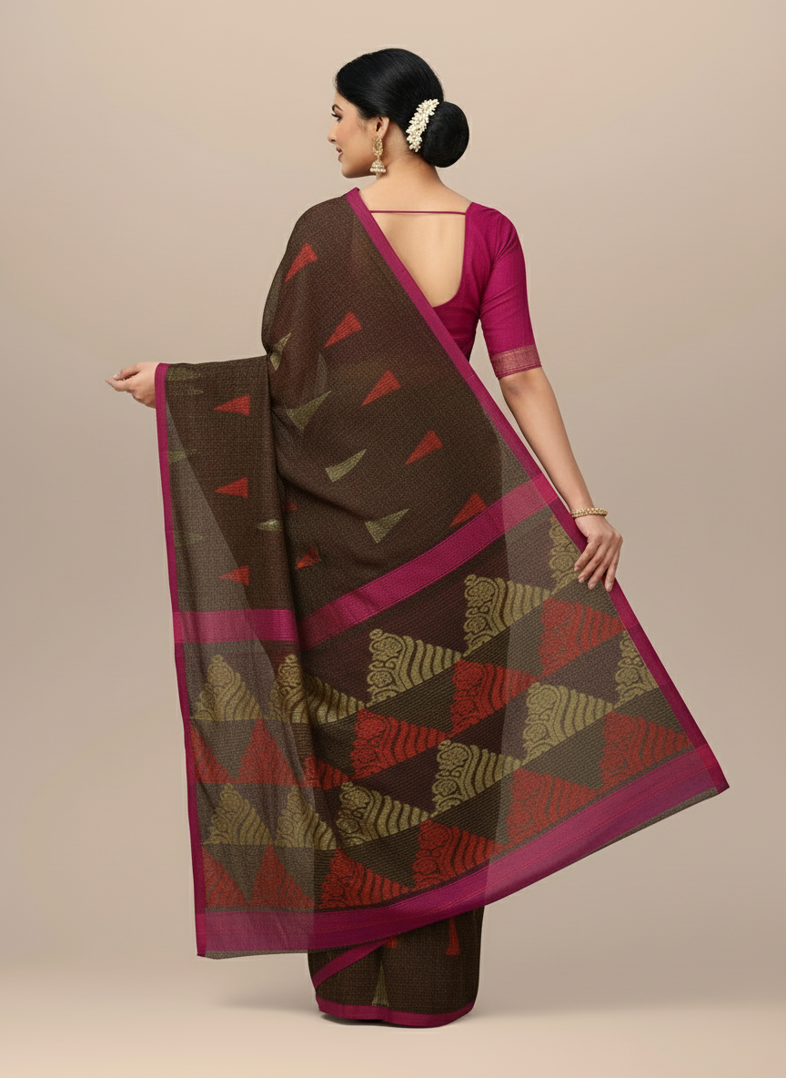 Dark Brown Cotton Blend Saree with Zari Floral Design