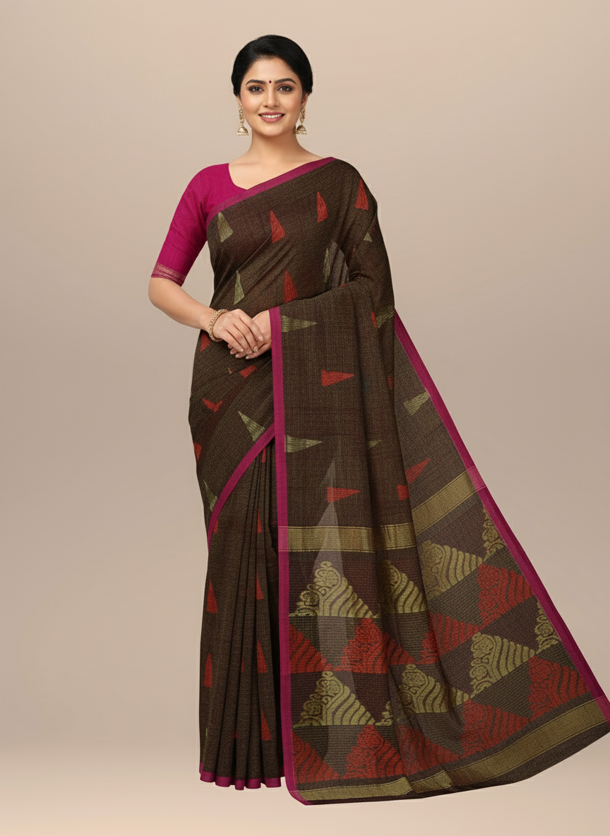 Dark Brown Cotton Blend Saree with Zari Floral Design