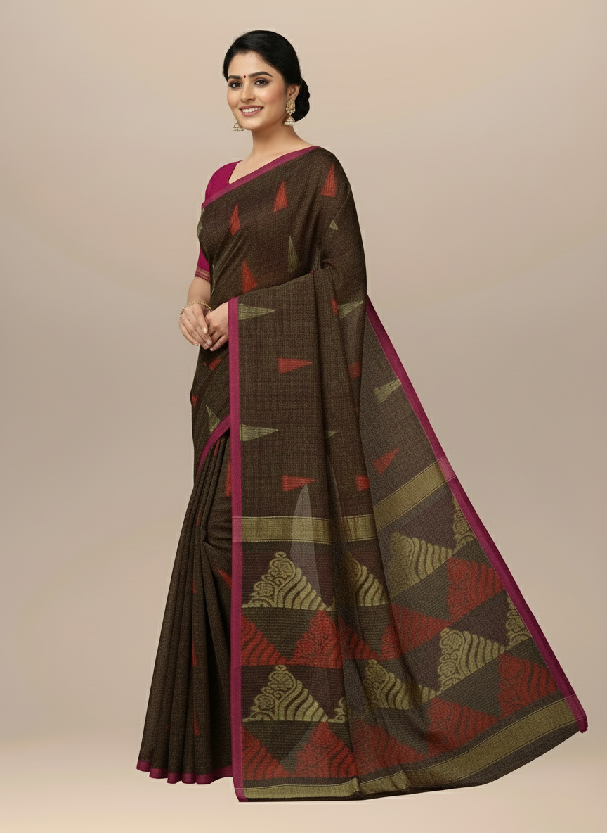 Dark Brown Cotton Blend Saree with Zari Floral Design