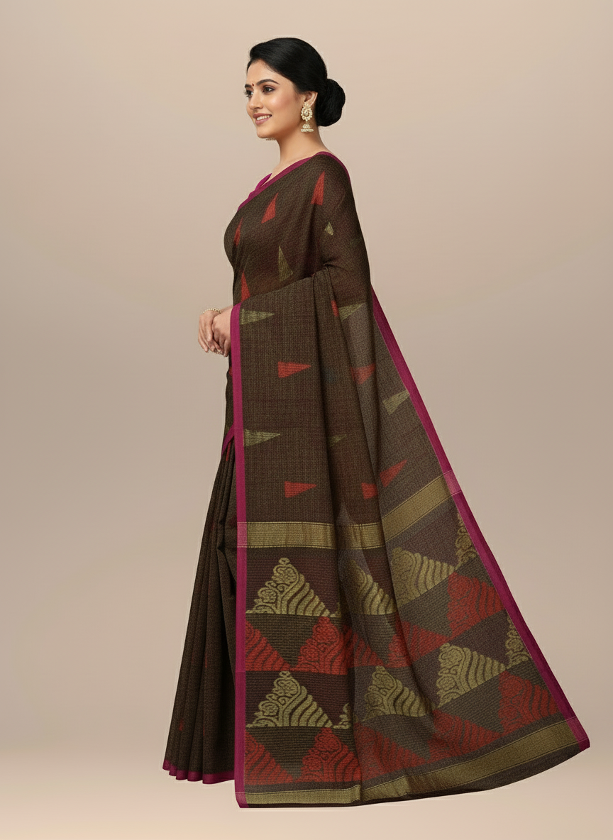 Dark Brown Cotton Blend Saree with Zari Floral Design