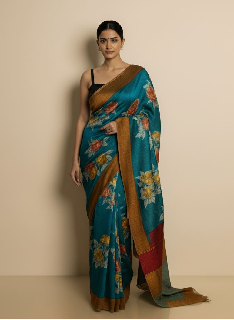 Blue Printed Pure Tussar Silk Saree | Elegant Ethnic Drapes