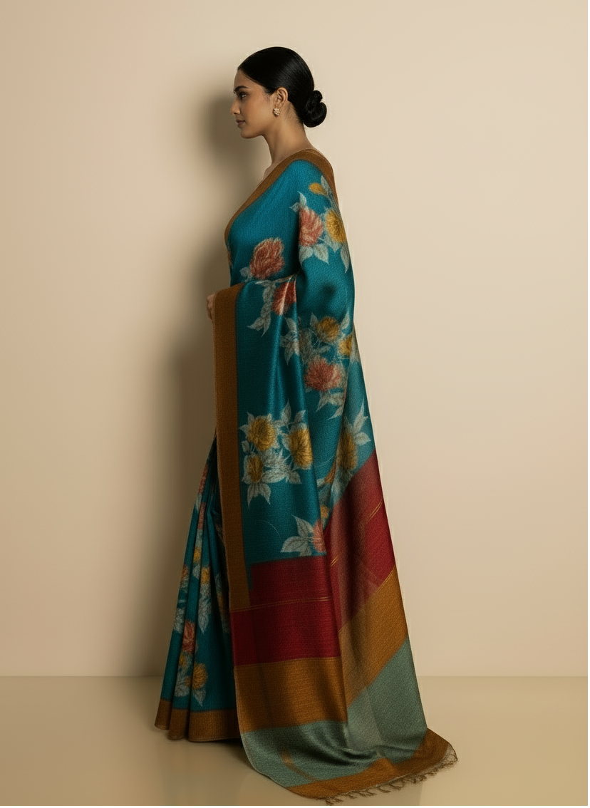 Blue Printed Pure Tussar Silk Saree | Elegant Ethnic Drapes