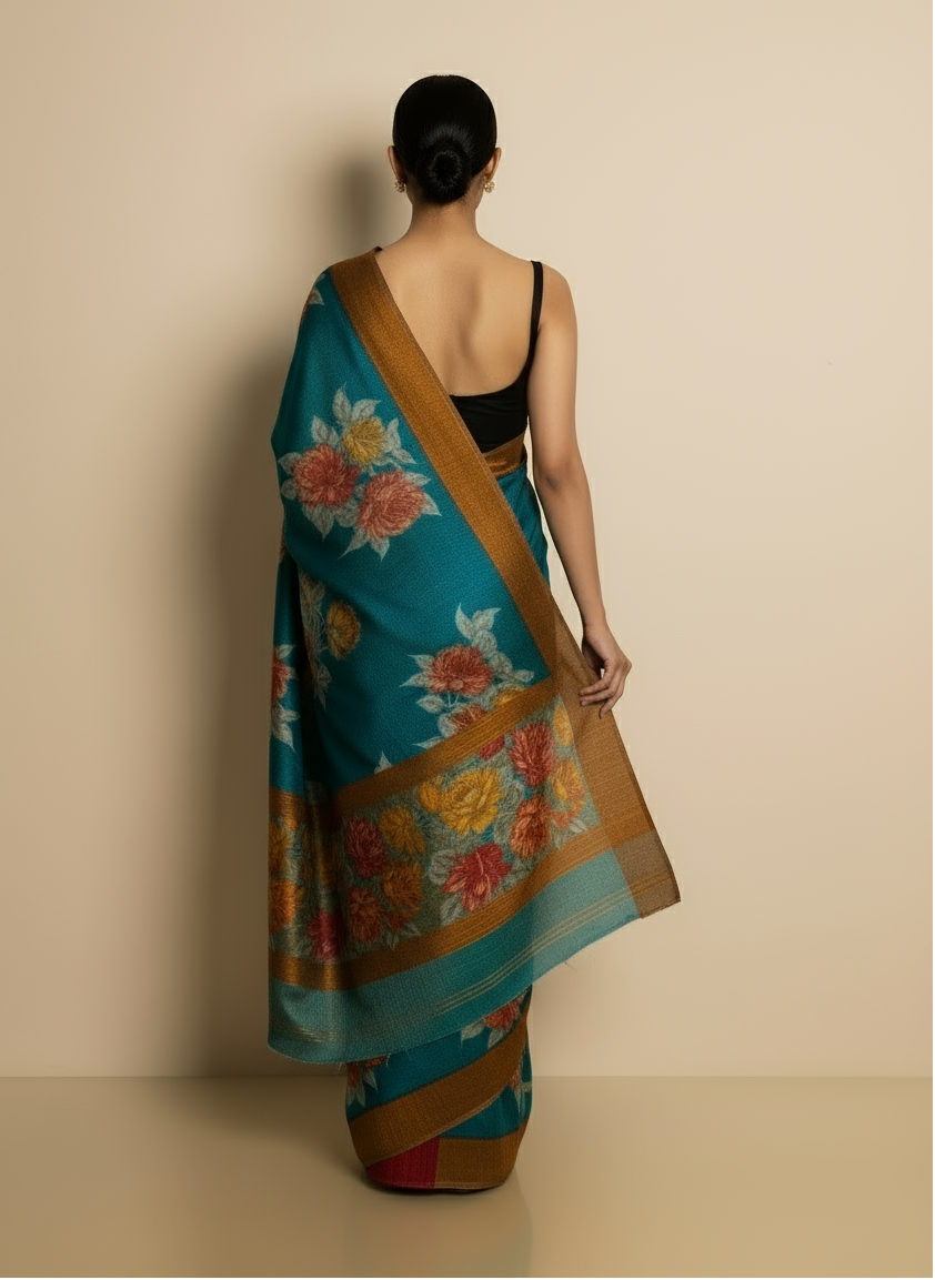 Blue Printed Pure Tussar Silk Saree | Elegant Ethnic Drapes
