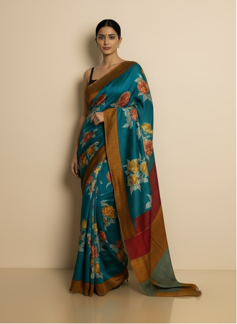 Blue Printed Pure Tussar Silk Saree | Elegant Ethnic Drapes