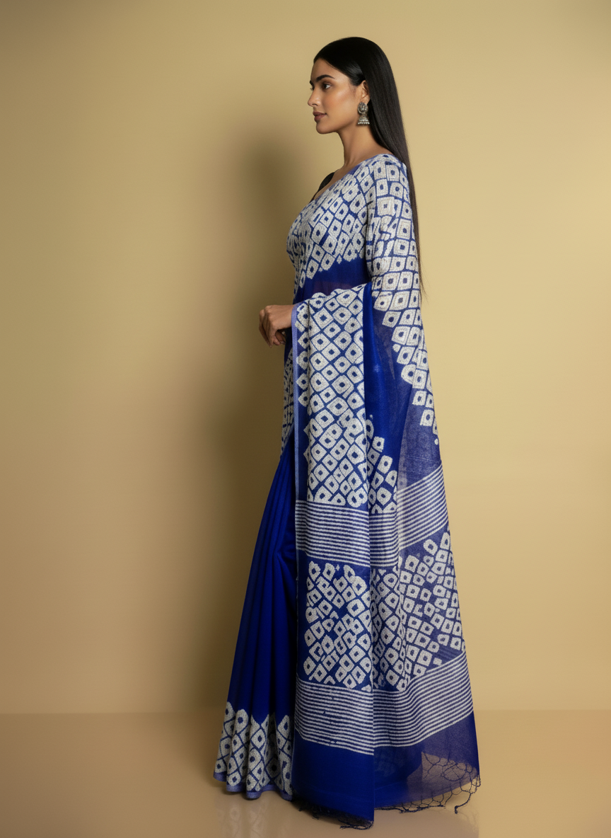 Designer Blue Bandhani Print Saree on Pure Matka Saree