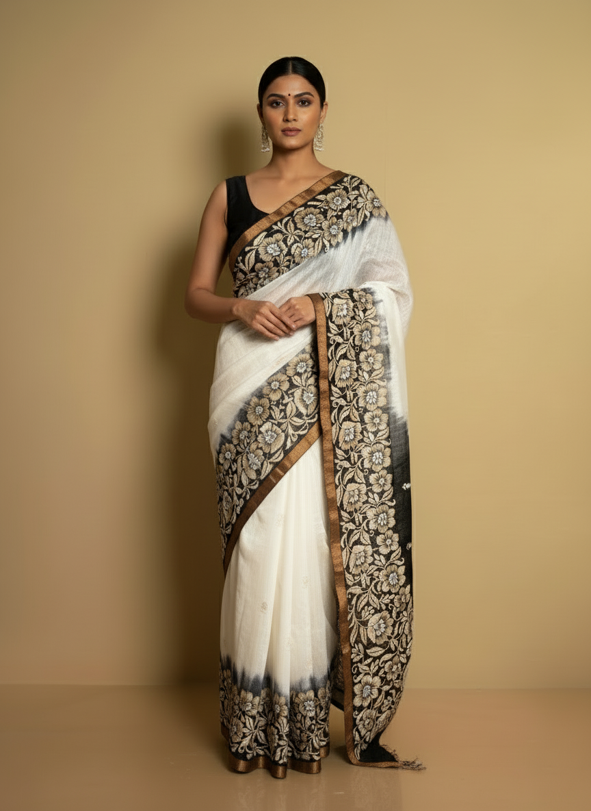 Black and White Woven Pure Matka Silk Saree | Traditional Elegance