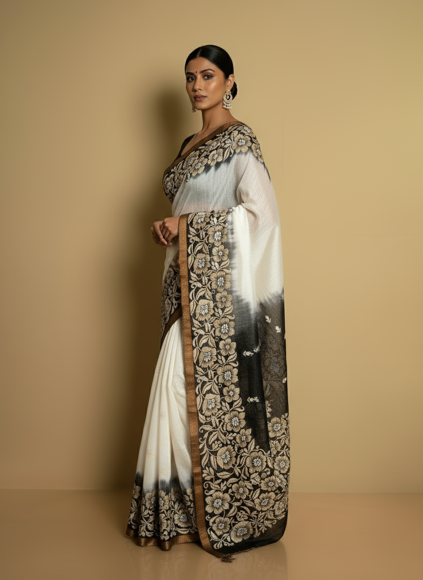 Black and White Woven Pure Matka Silk Saree | Traditional Elegance