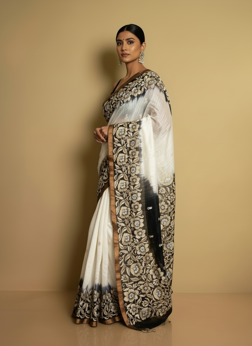 Black and White Woven Pure Matka Silk Saree | Traditional Elegance
