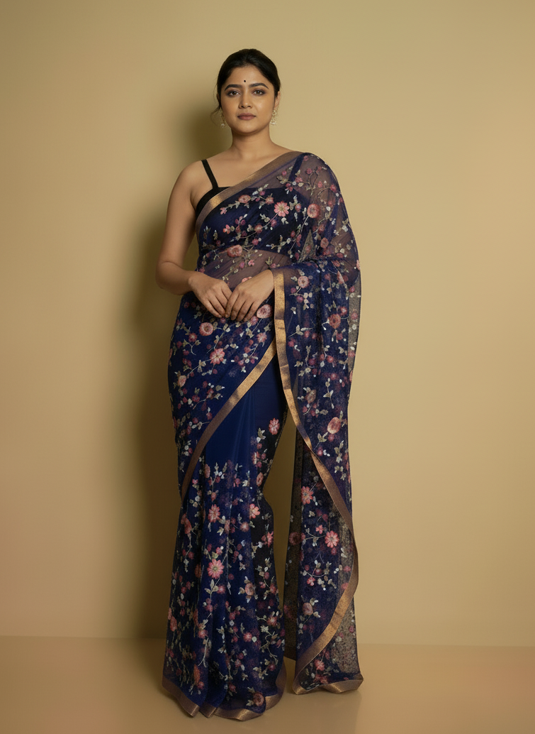 Blue Floral Weave Pure Resham Saree | Elegant Designer Drape