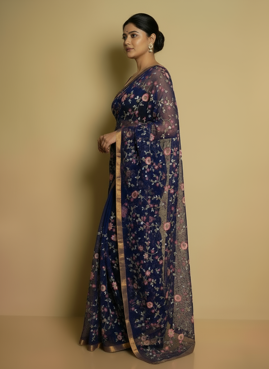 Blue Floral Weave Pure Resham Saree | Elegant Designer Drape