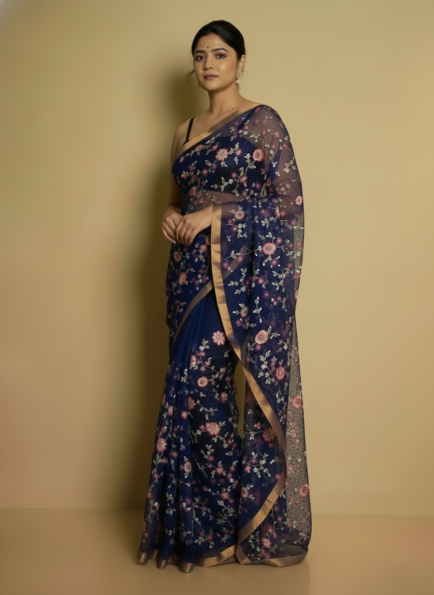 Blue Floral Weave Pure Resham Saree | Elegant Designer Drape