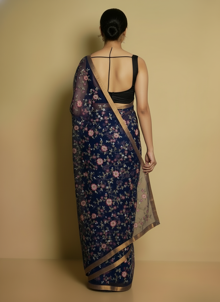 Blue Floral Weave Pure Resham Saree | Elegant Designer Drape