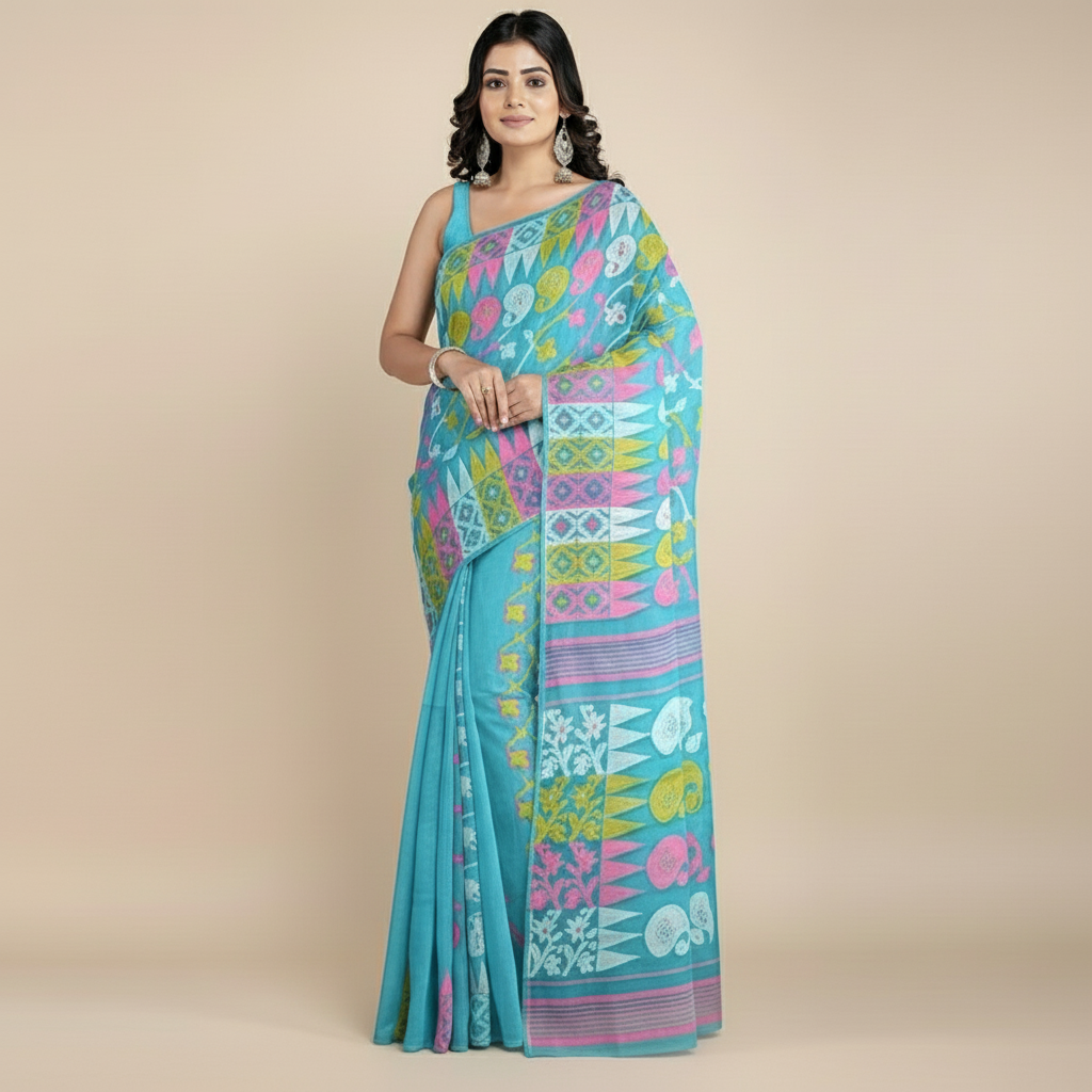 Blue Floral Weave Soft Jamdani Saree