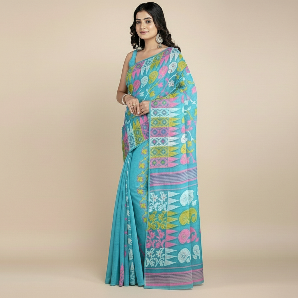 Blue Floral Weave Soft Jamdani Saree