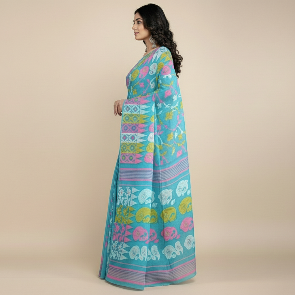 Blue Floral Weave Soft Jamdani Saree