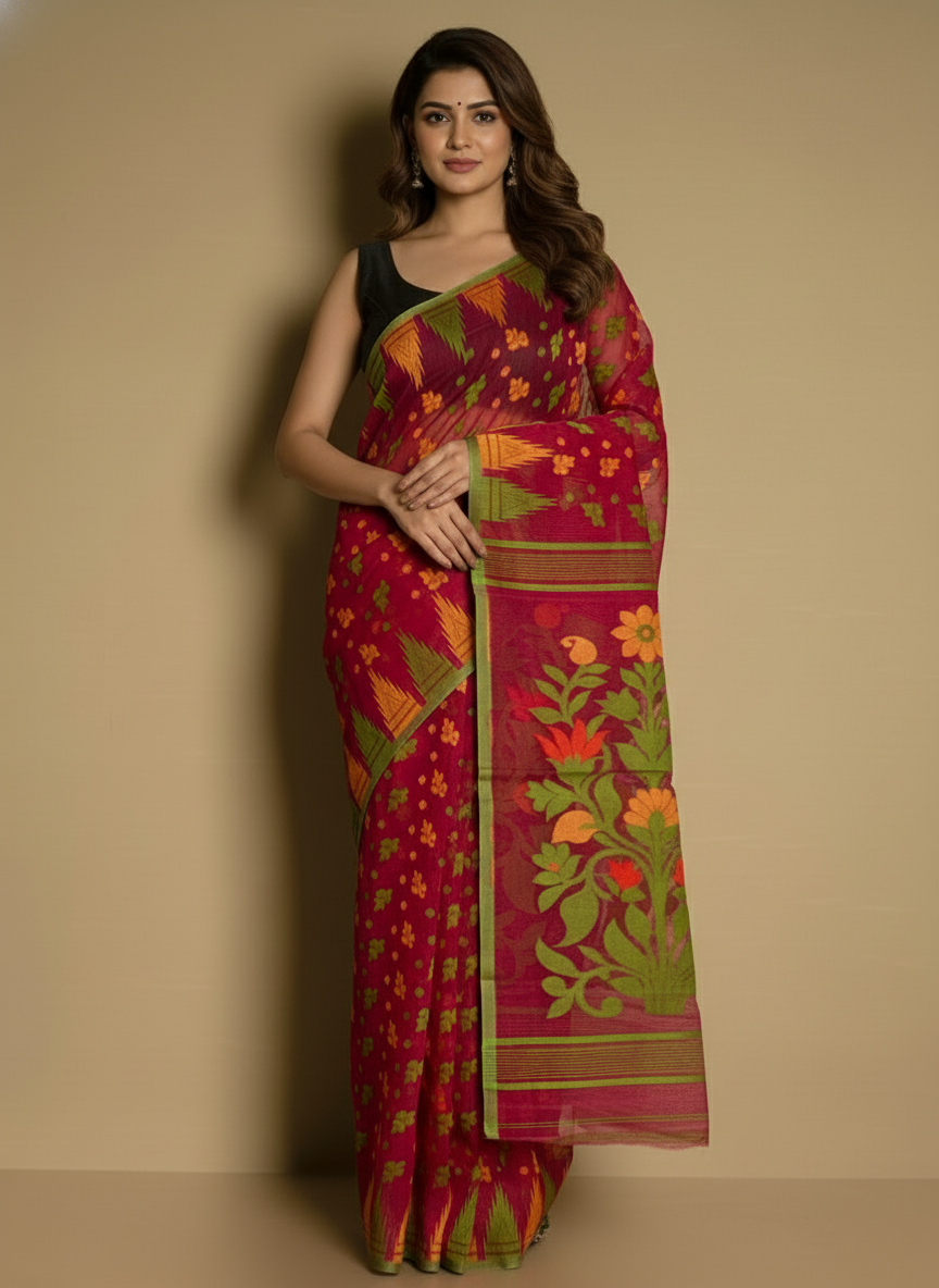 Dark Pink Temple Par Jamdani Saree