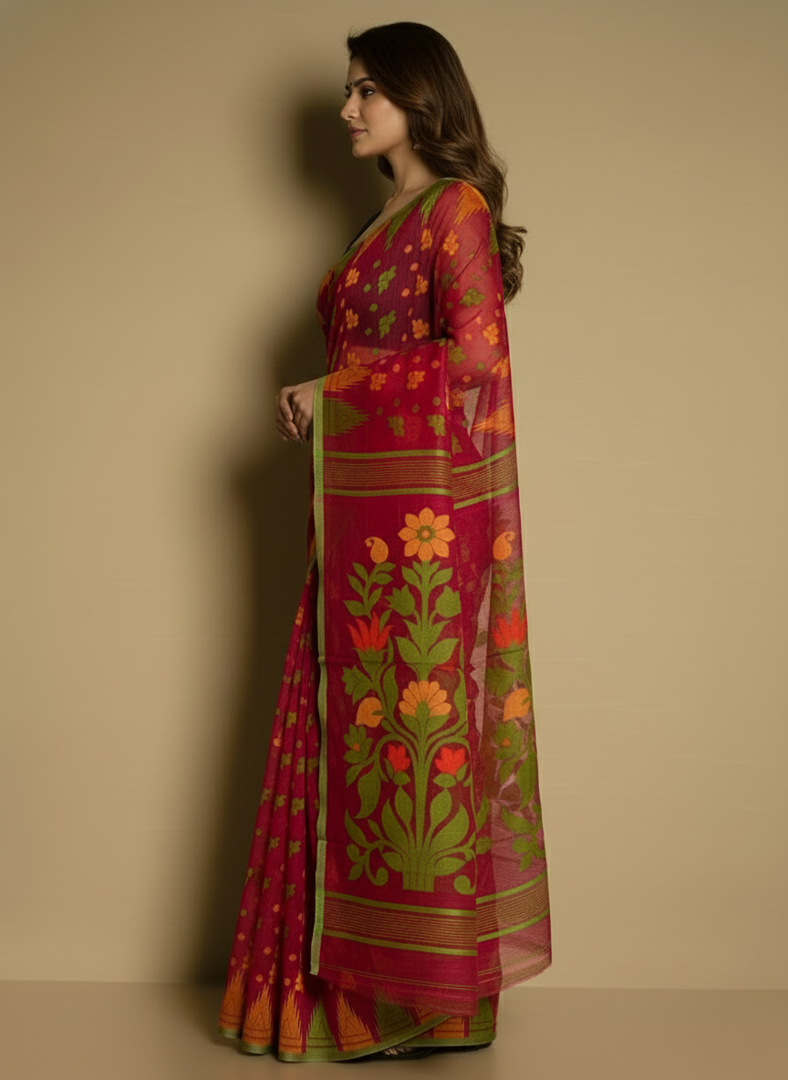 Dark Pink Temple Par Jamdani Saree