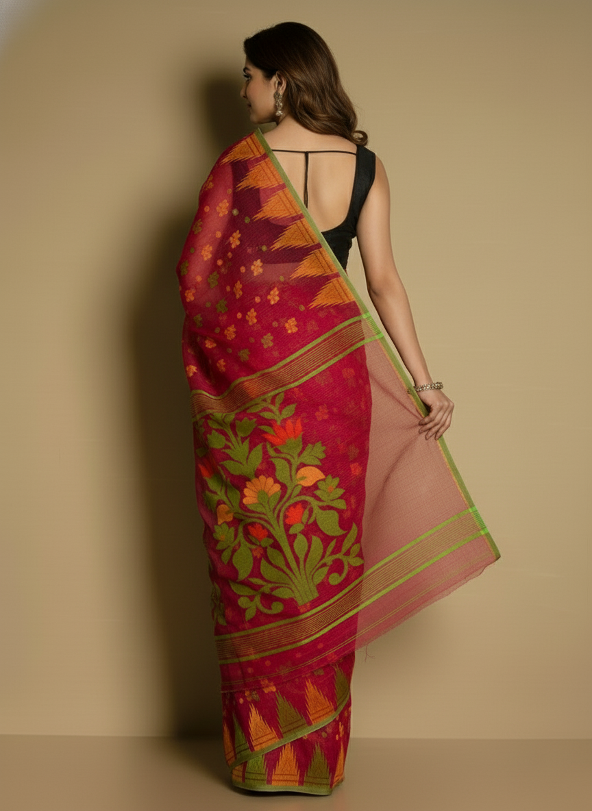Dark Pink Temple Par Jamdani Saree