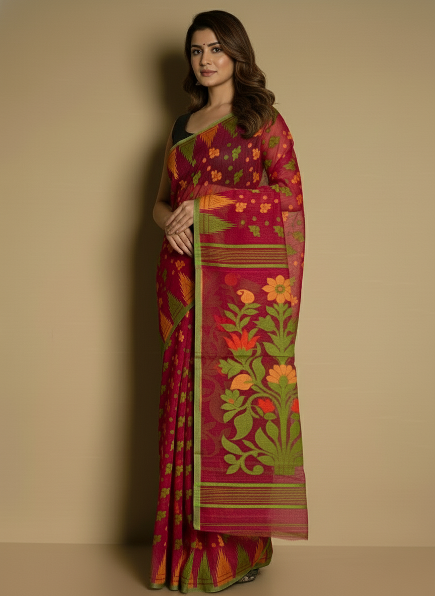 Dark Pink Temple Par Jamdani Saree